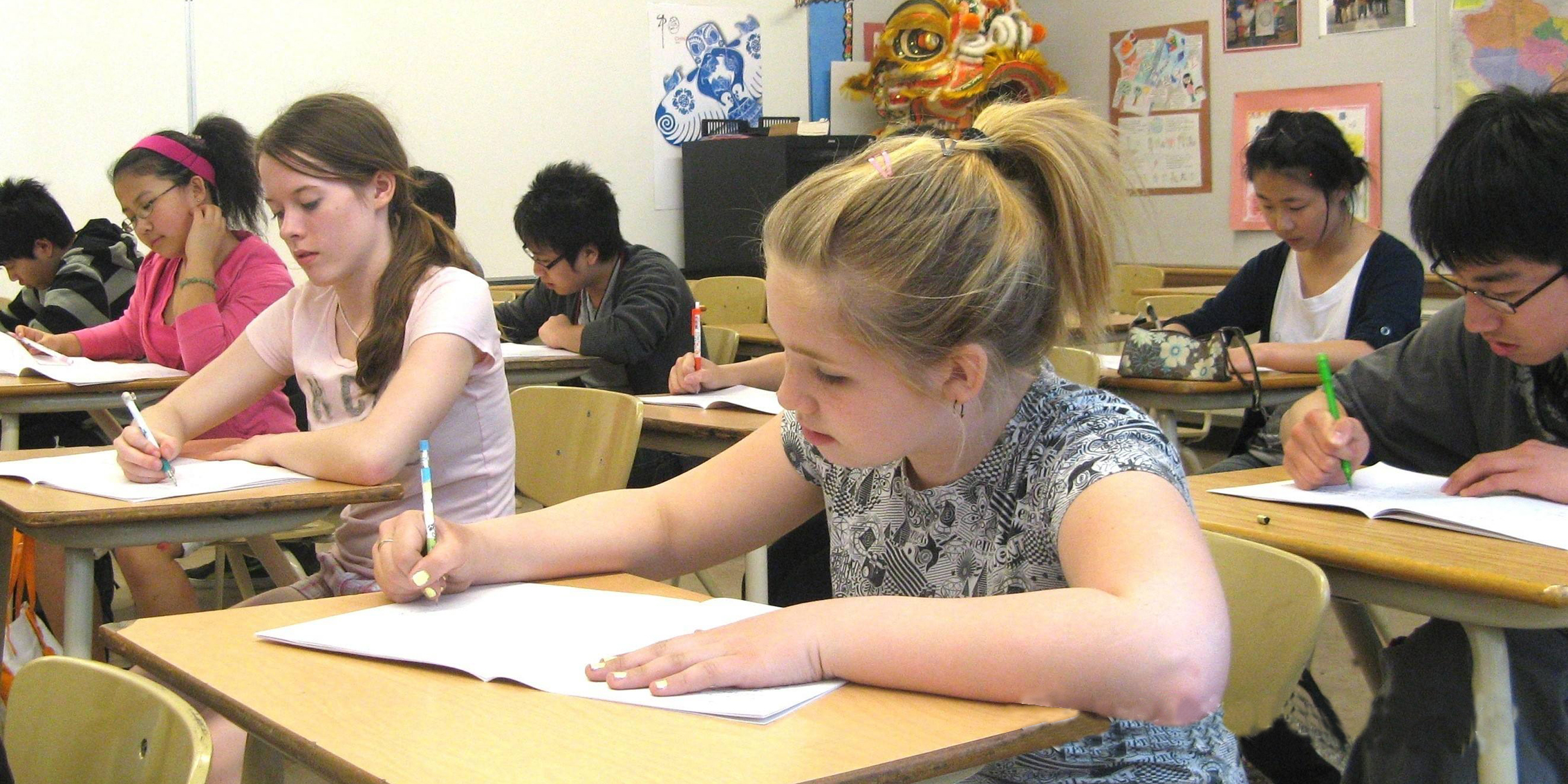Foreign high school students taking Chinese HSK test in China